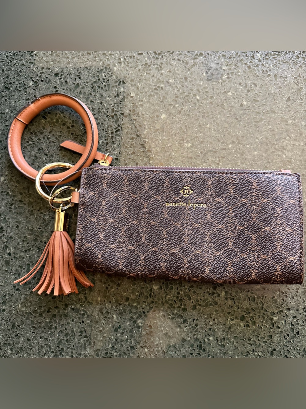 Nanette Lepore Brown Faux Leather Bracelet Clutch Zip Wallet Tassel Gold Accent